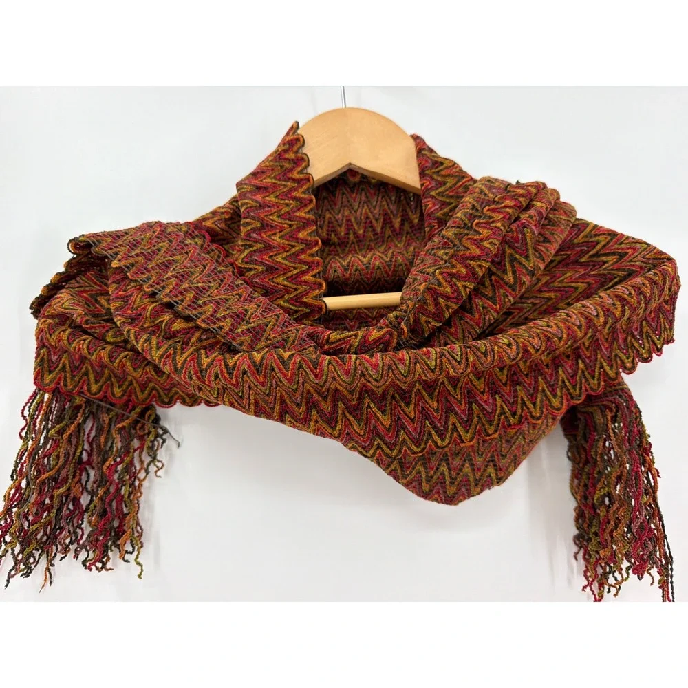 Filatess Como-Italia Scarf Red Orange Chevron Zig Zag Knit Fringe Made in Italy